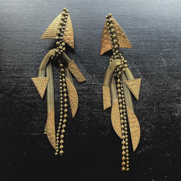 80's Mixed Metal Ball Chain Modern Brutalist Artisan Arrowhead Dangle Earrings - Picture 9 of 12